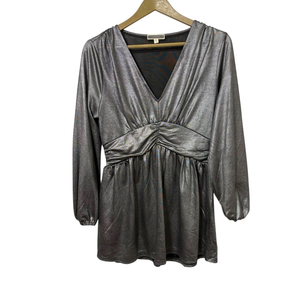 Pleione Size Medium Silver Metallic Y2K Style Babydoll‎ Long Sleeve Top Party